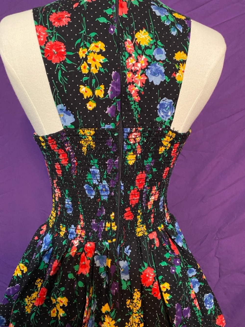 Vintage 80s All that Jazz Black Floral Tiered Mini Dress with Bright Blooms. - Picture 5 of 6